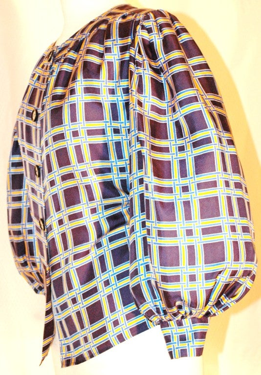 Vintage Yves Saint Laurent YSL Rive Gauche navy & yellow Button up Blouse In Excellent Condition For Sale In Lake Park, FL