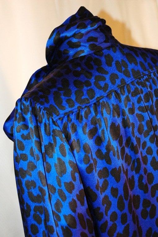Women's Vintage Yves Saint Laurent YSL Rive Gauche Electric Royal Blue Silk Leopard Print SIlk Blouse w Scarf