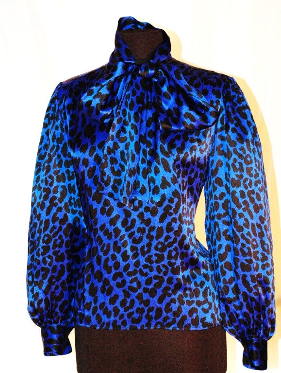 Vintage Yves Saint Laurent YSL Rive Gauche Electric Royal Blue Silk Leopard Print SIlk Blouse w Scarf 1
