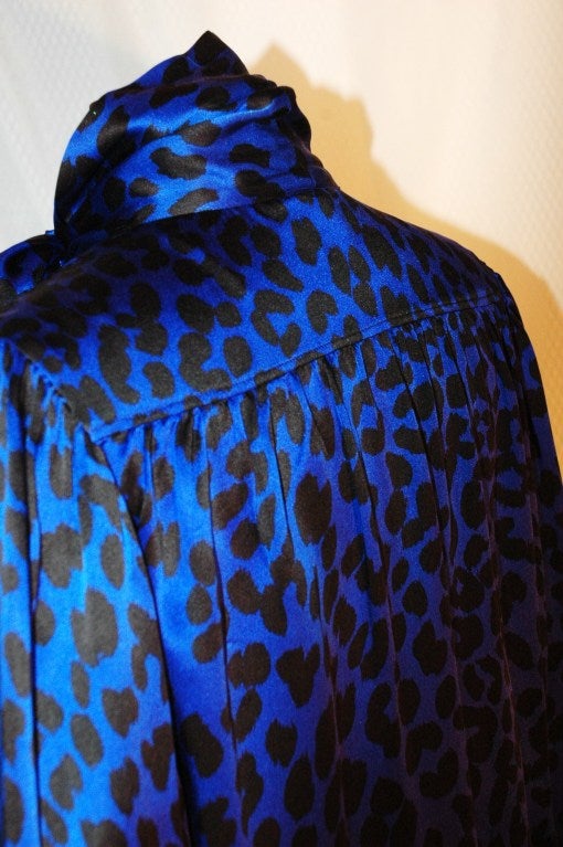 Vintage Yves Saint Laurent YSL Rive Gauche Electric Royal Blue Silk Leopard Print SIlk Blouse w Scarf 2