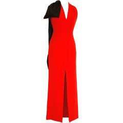 Christian Dior Haute Red Silk Gown with Gigantic Black Bow on Shoulder