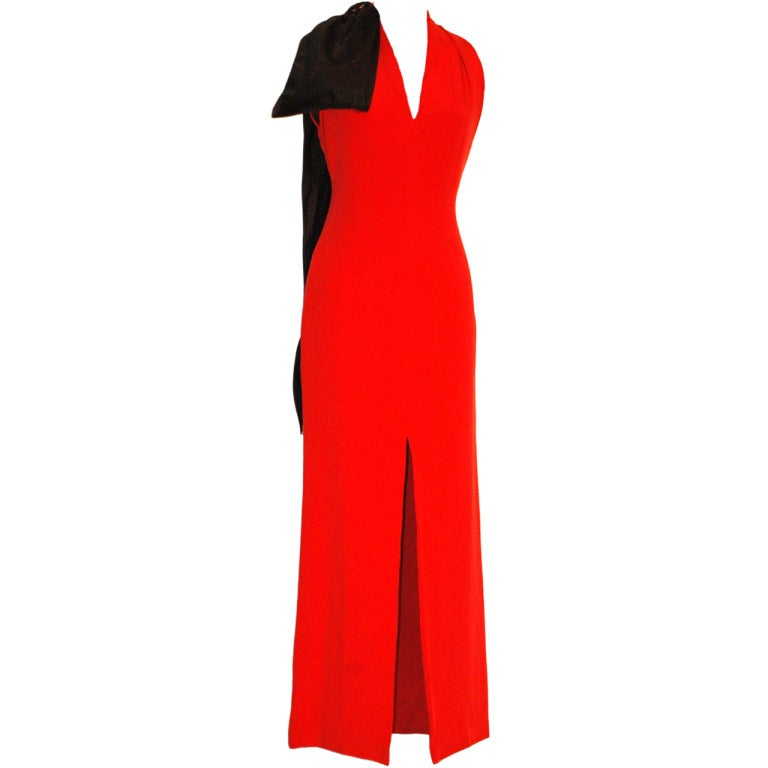 Christian Dior Haute Red Silk Gown with Gigantic Black Bow on Shoulder For Sale