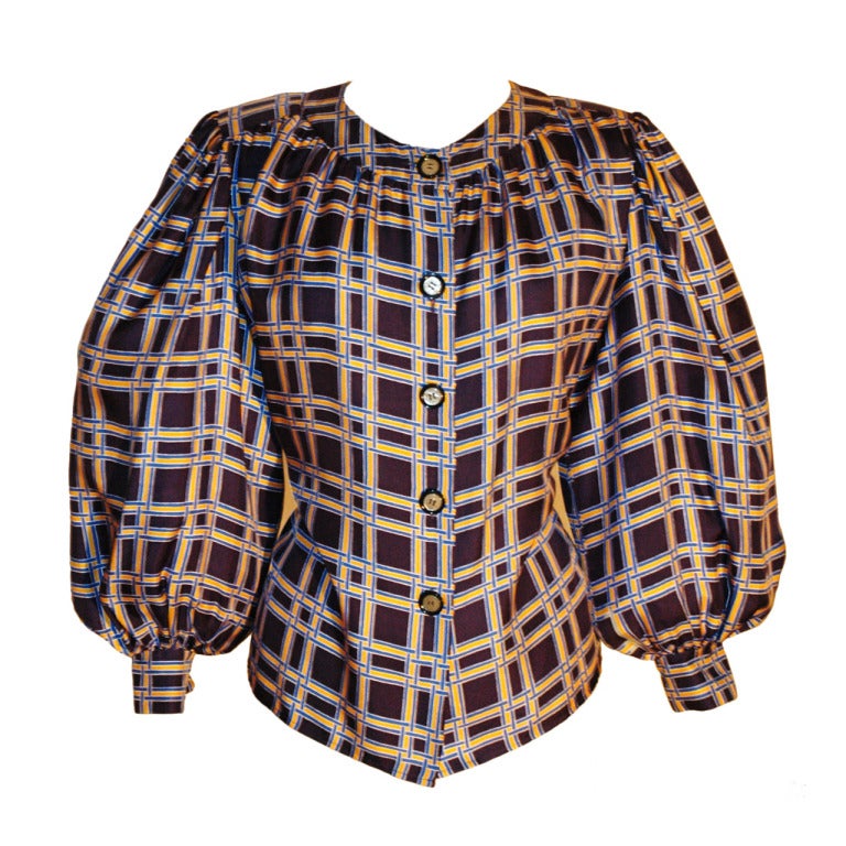 Vintage Yves Saint Laurent YSL Rive Gauche navy & yellow Button up Blouse For Sale