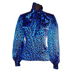 Vintage Yves Saint Laurent YSL Rive Gauche Electric Royal Blue Silk Leopard Print SIlk Blouse w Scarf
