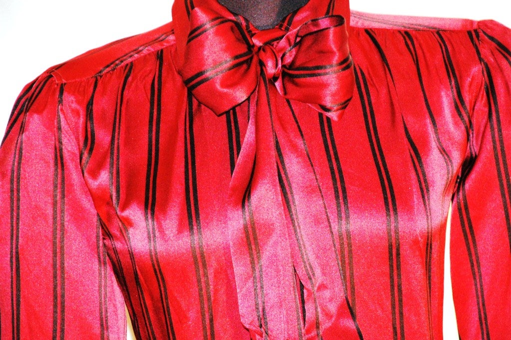 YSL Rive Gauche red with black stripe silk tie-neck blouse For Sale 2