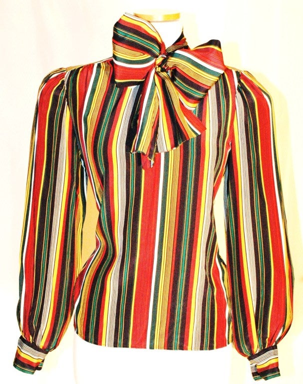 Vintage Yves Saint Laurent YSL Rive Gauche 100% silk Stripes Blouse w Scarf 1