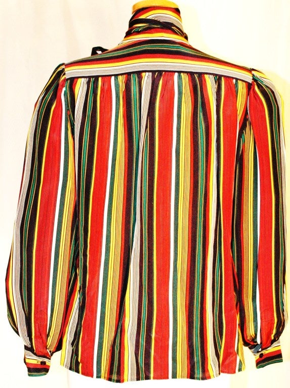 Vintage Yves Saint Laurent YSL Rive Gauche 100% silk Stripes Blouse w Scarf 2