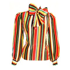 Vintage Yves Saint Laurent YSL Rive Gauche 100% silk Stripes Blouse w Scarf