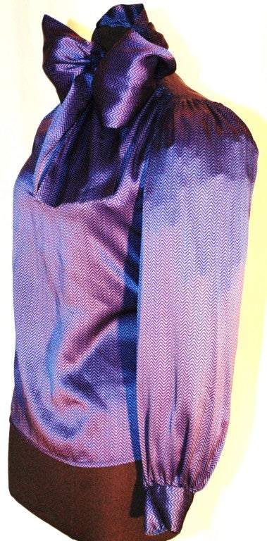 Purple Vintage Yves Saint Laurent YSL Rive Gauche Blue Black zig zag Silk Blouse w Scarf For Sale