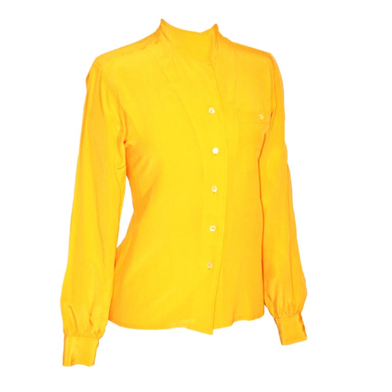 Vintage Yves Saint Laurent YSL Rive Gauche Yellow Silk Blouse For Sale