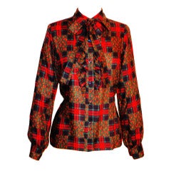 Retro Yves Saint Laurent YSL Rive Gauche Paisley Plaid Wool Blouse w Ruffle & Scarf