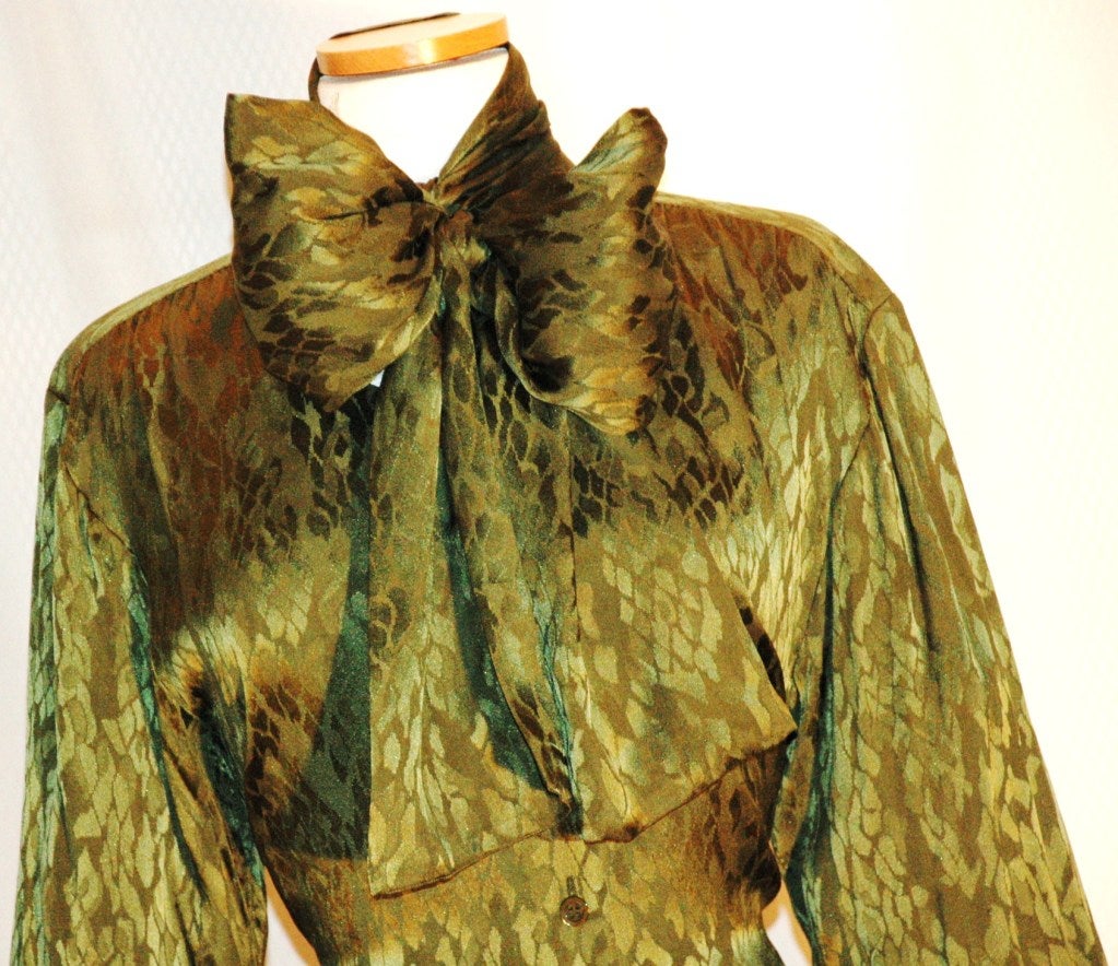 Brown Vintage Yves Saint Laurent YSL Rive Gauche Olive Long Sleeve Silk Blouse w Scarf For Sale