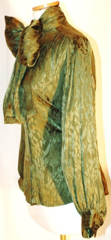 Vintage Yves Saint Laurent YSL Rive Gauche Olive Long Sleeve Silk Blouse w Scarf For Sale 1