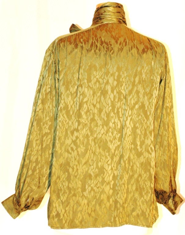 Vintage Yves Saint Laurent YSL Rive Gauche Olive Long Sleeve Silk Blouse w Scarf For Sale 2