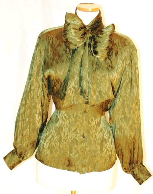Vintage Yves Saint Laurent YSL Rive Gauche Olive Long Sleeve Silk Blouse w Scarf For Sale 4