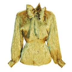 Vintage Yves Saint Laurent YSL Rive Gauche Olive Long Sleeve Silk Blouse w Scarf