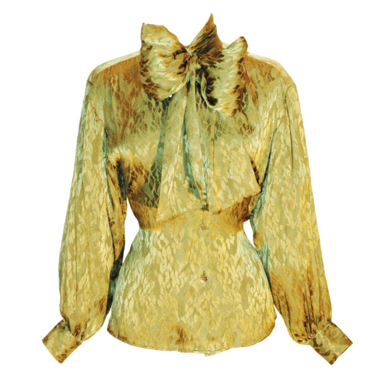 Vintage Yves Saint Laurent YSL Rive Gauche Olive Long Sleeve Silk Blouse w Scarf For Sale