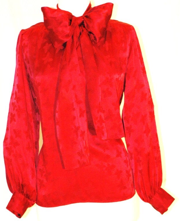 Vintage Yves Saint Laurent Rive Gauche Red Silk Butterfly Pattern Blouse w Scarf Bow For Sale 6