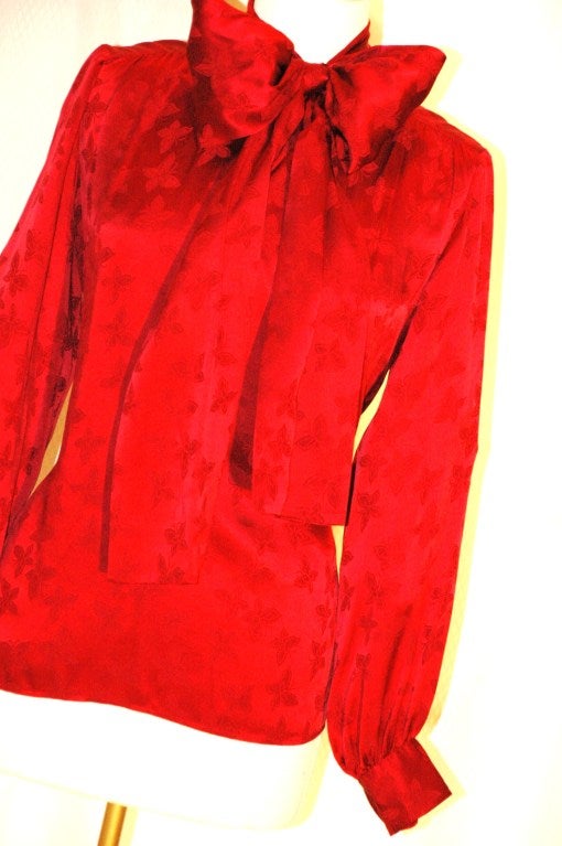 Women's Vintage Yves Saint Laurent Rive Gauche Red Silk Butterfly Pattern Blouse w Scarf Bow For Sale