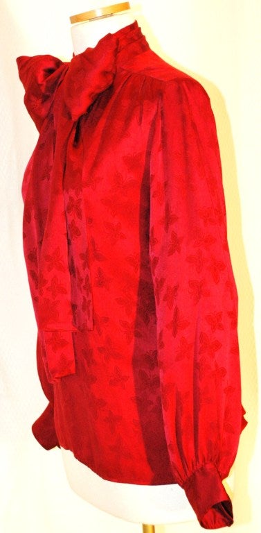 Vintage Yves Saint Laurent Rive Gauche Red Silk Butterfly Pattern Blouse w Scarf Bow For Sale 1
