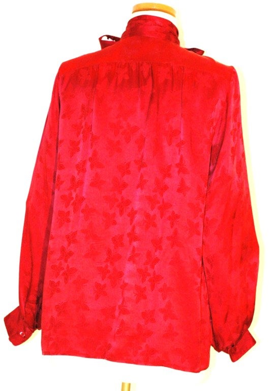 Vintage Yves Saint Laurent Rive Gauche Red Silk Butterfly Pattern Blouse w Scarf Bow For Sale 2