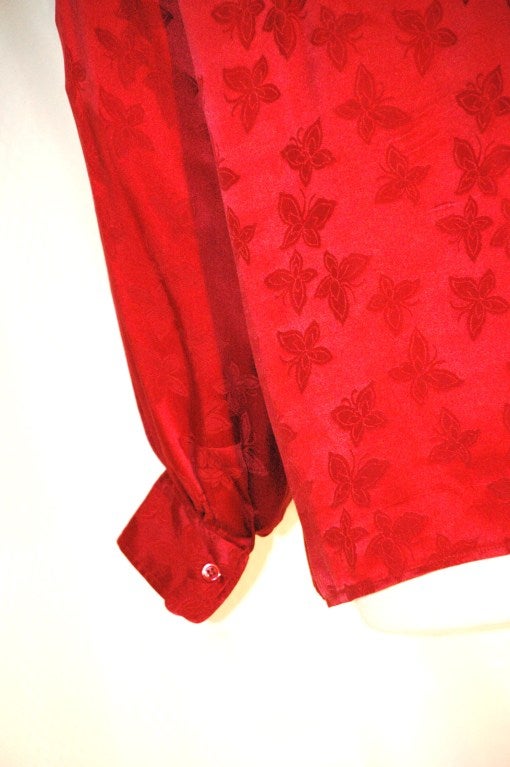 Vintage Yves Saint Laurent Rive Gauche Red Silk Butterfly Pattern Blouse w Scarf Bow For Sale 3