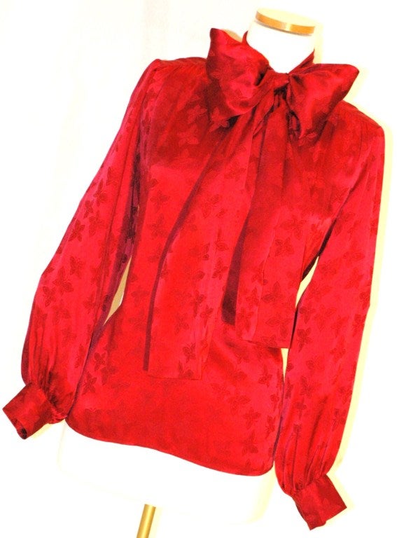 Vintage Yves Saint Laurent Rive Gauche Red Silk Butterfly Pattern Blouse w Scarf Bow For Sale 4