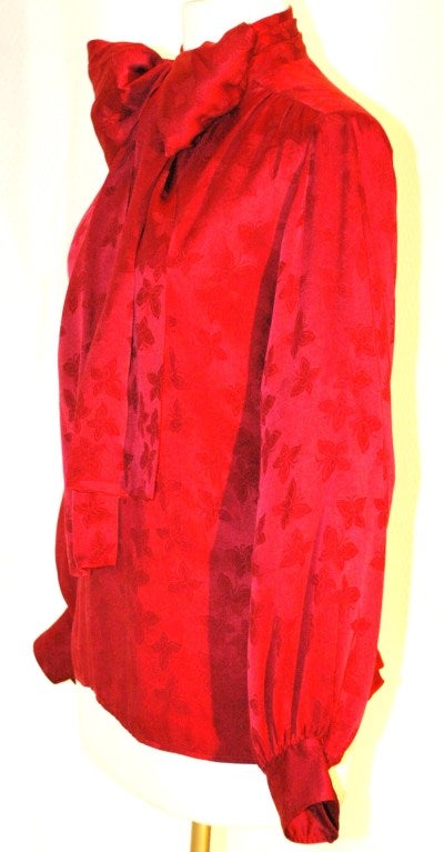 Vintage Yves Saint Laurent Rive Gauche Red Silk Butterfly Pattern Blouse w Scarf Bow For Sale 5