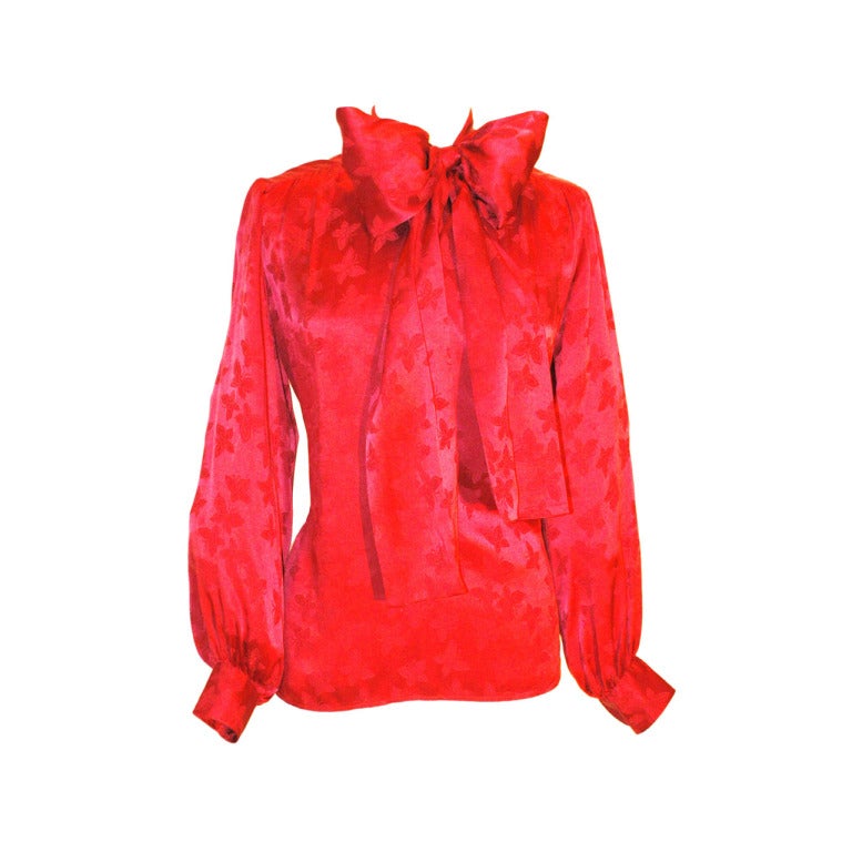 Vintage Yves Saint Laurent Rive Gauche Red Silk Butterfly Pattern Blouse w Scarf Bow For Sale