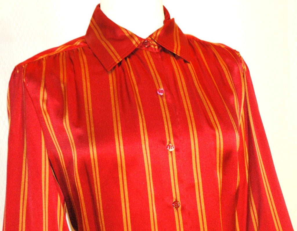 Red Vintage Yves Saint Laurent Rive Gauche Silk Stripe Blouse For Sale