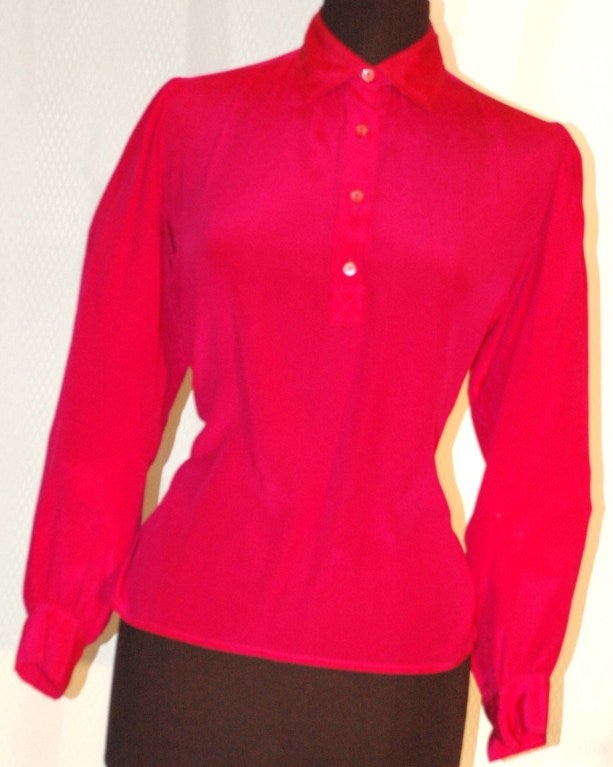 Vintage Yves Saint Laurent Rive Gauche Red w Polka Dots Silk Blouse For Sale 4