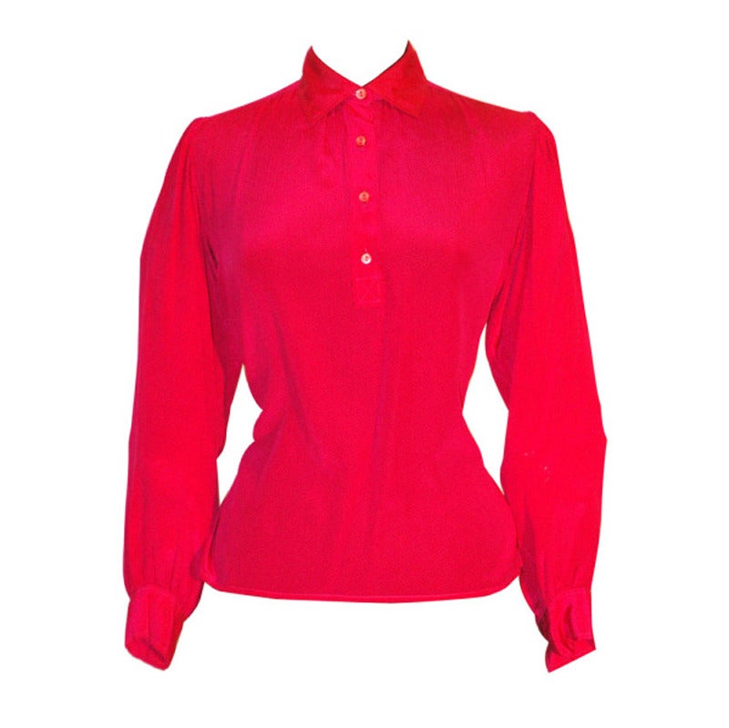 Vintage Yves Saint Laurent Rive Gauche Red w Polka Dots Silk Blouse For Sale
