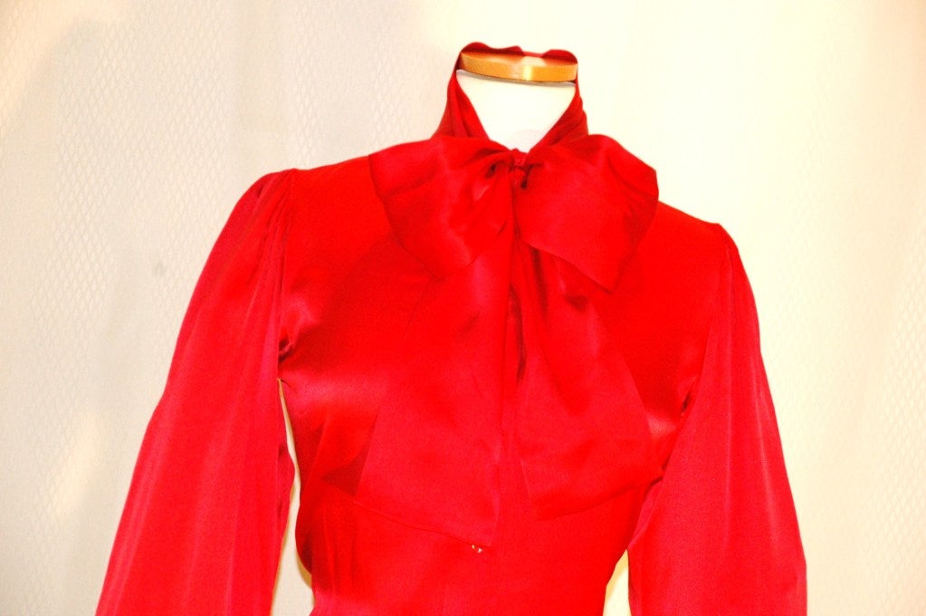 Vintage Yves Saint Laurent Rive Gauche Red Silk Blouse w Scarf Bow In Excellent Condition For Sale In Lake Park, FL
