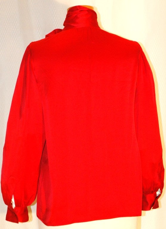 Women's Vintage Yves Saint Laurent Rive Gauche Red Silk Blouse w Scarf Bow For Sale