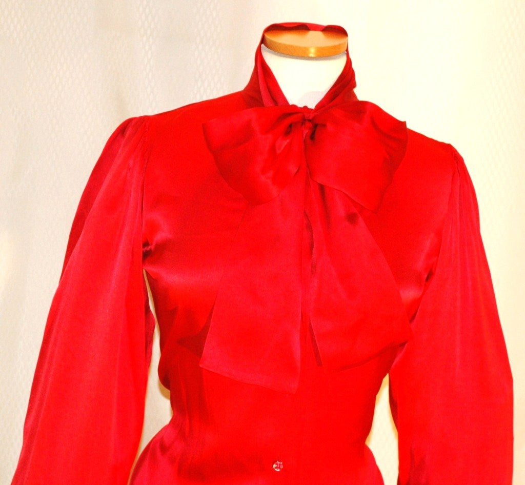 Vintage Yves Saint Laurent Rive Gauche Red Silk Blouse w Scarf Bow For Sale 1