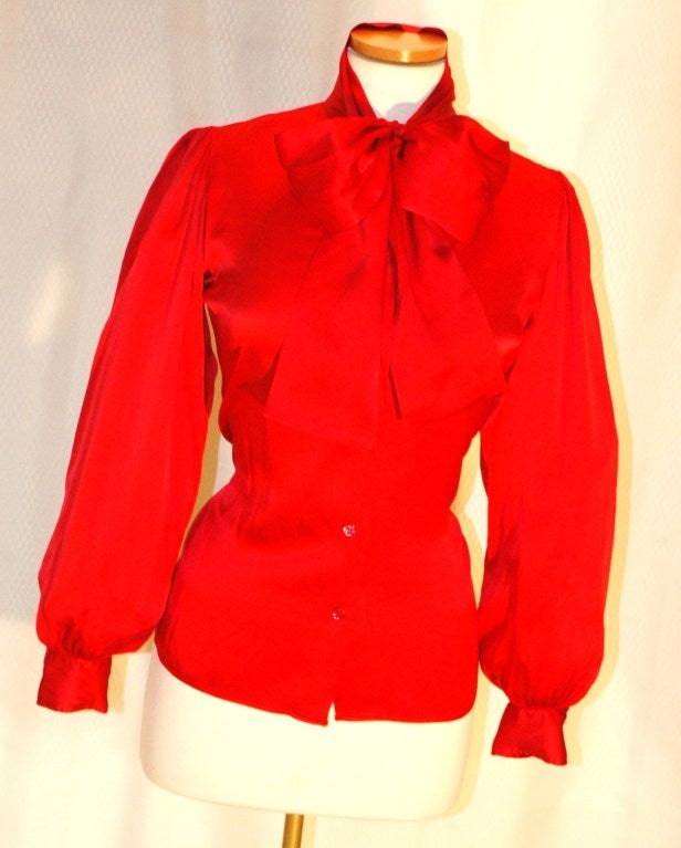 Vintage Yves Saint Laurent Rive Gauche Red Silk Blouse w Scarf Bow For Sale 3