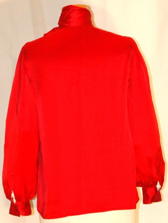 Vintage Yves Saint Laurent Rive Gauche Red Silk Blouse w Scarf Bow For Sale 4
