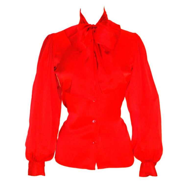 Vintage Yves Saint Laurent Rive Gauche Red Silk Blouse w Scarf Bow For Sale