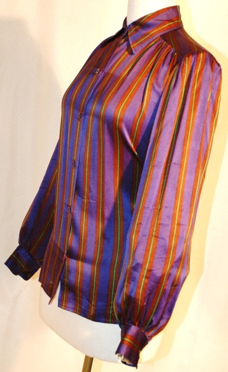 Vintage Yves Saint Laurent Rive Gauche Stripe Silk Blouse In Excellent Condition For Sale In Lake Park, FL