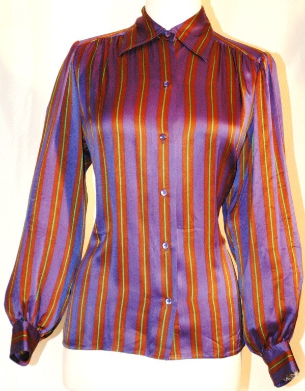 Vintage Yves Saint Laurent Rive Gauche Stripe Silk Blouse For Sale 4