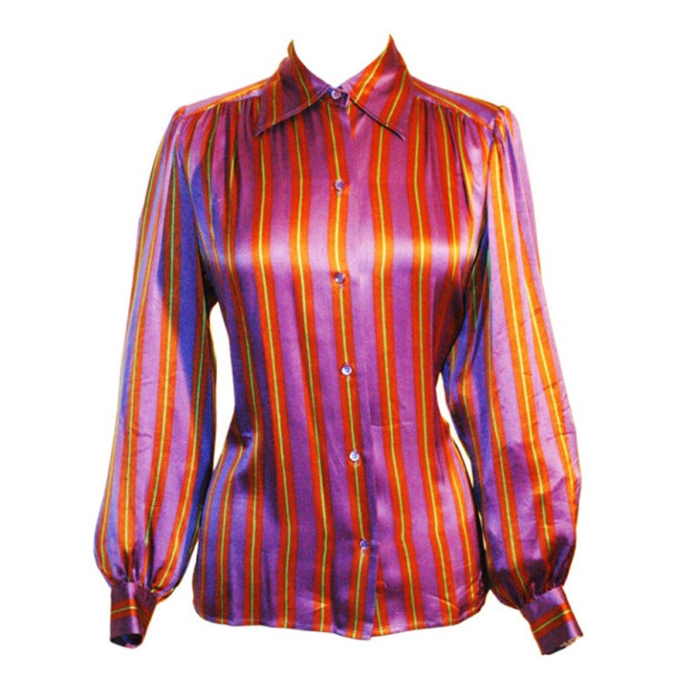Vintage Yves Saint Laurent Rive Gauche Stripe Silk Blouse For Sale