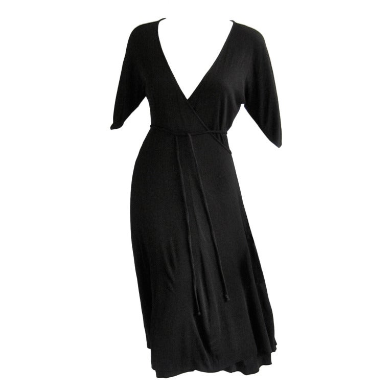 Rare 1970s Sibley Coffee black matte rayon wrap dress at 1stdibs