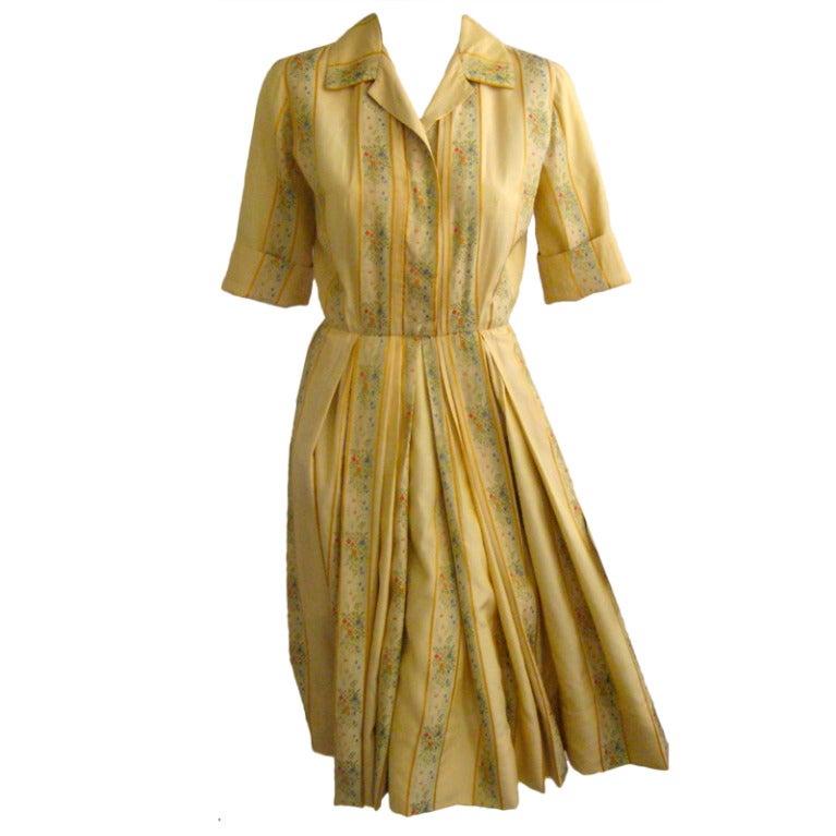 1950s Holly Hoelscher Embroidered Silk California Shirt Dress For Sale