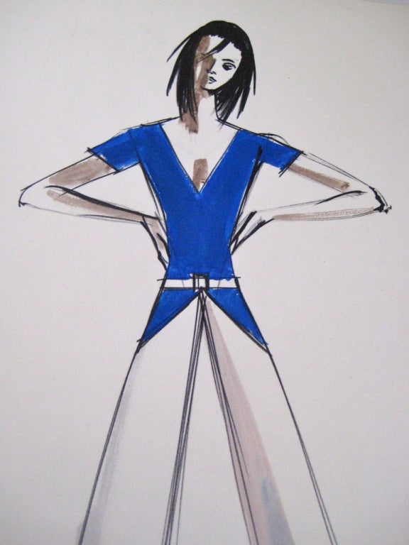 1960s Andre Delfau Fashion Illustration In Excellent Condition For Sale In Chicago, IL