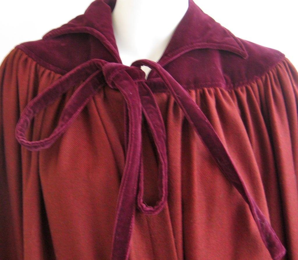 1960s yves saint laurent rive gauche burgundy wool and velvet cape For Sale 1