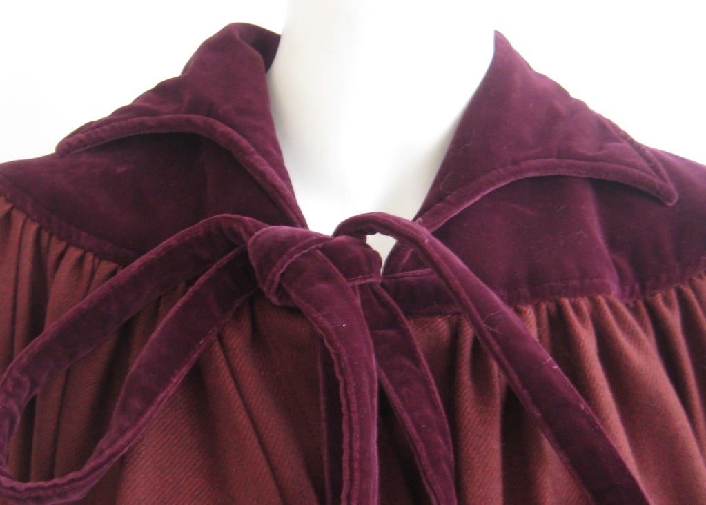 1960s yves saint laurent rive gauche burgundy wool and velvet cape For Sale 2