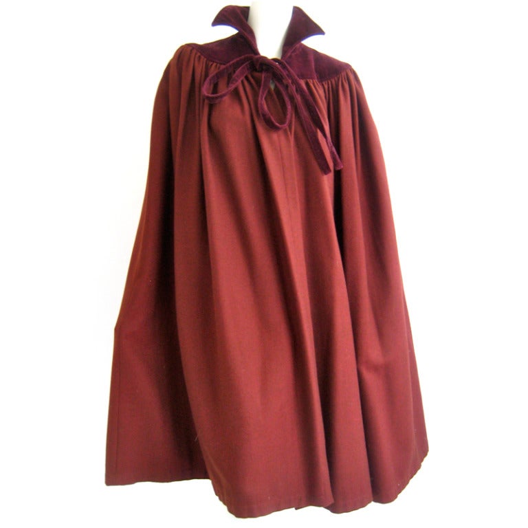 1960s yves saint laurent rive gauche burgundy wool and velvet cape For Sale