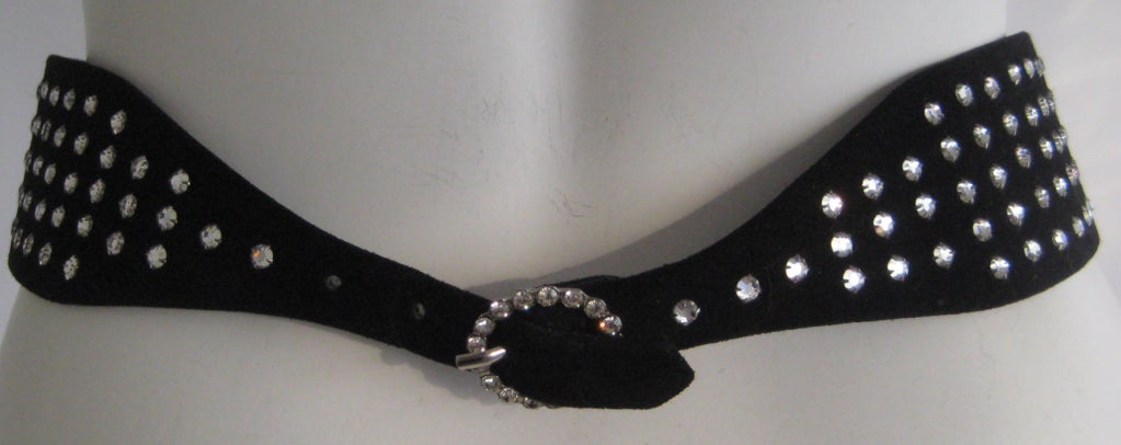 Women's 1960s yves saint laurent rhinestone studded black suede cinch belt For Sale