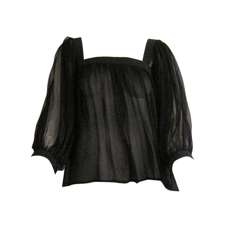 1960s Yves Saint Laurent sheer black silk chiffon peasant blouse