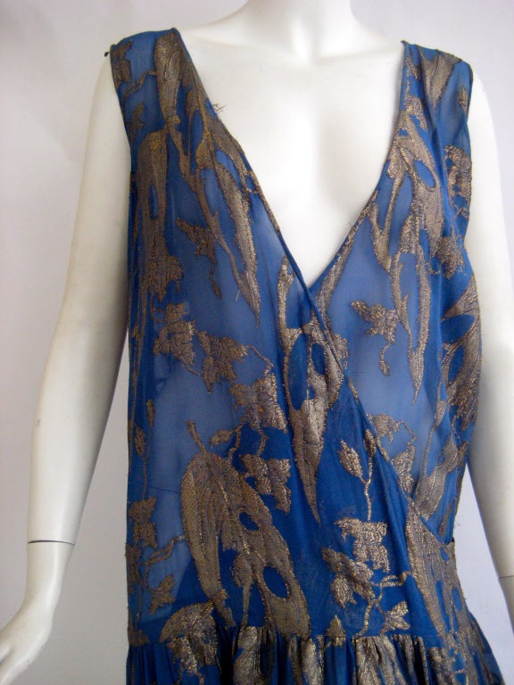 Women's 1920s gold lame cocktail dress with attached train For Sale